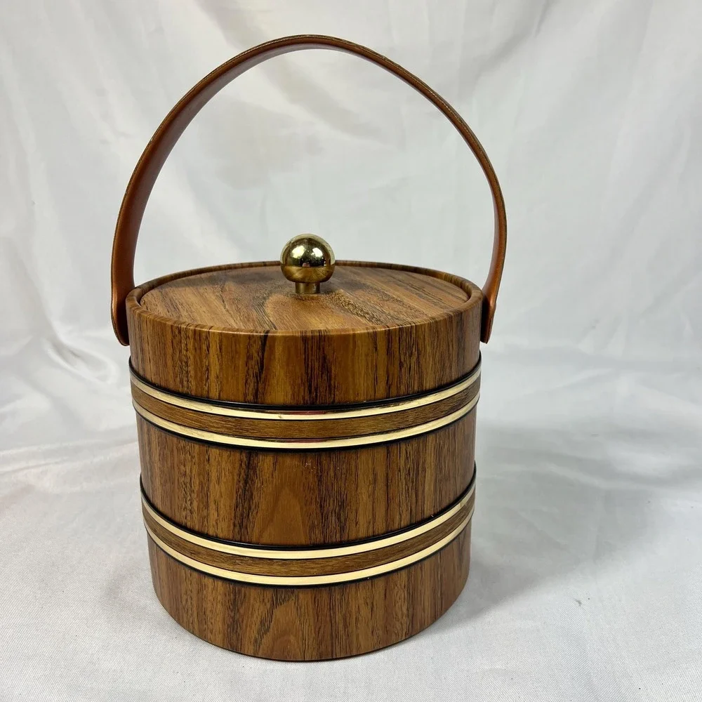 VTG Faux Wood Ice Bucket with Lid Handle Gold Tone Trim Elmar MFG LA Barware